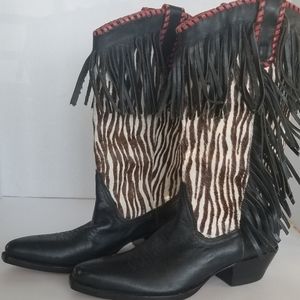 Black Fringe Cowhide Zebra Cowboy Boots